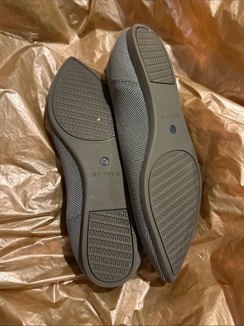 Rothy's Pointed Knit Flats in Gray with Blue Trim